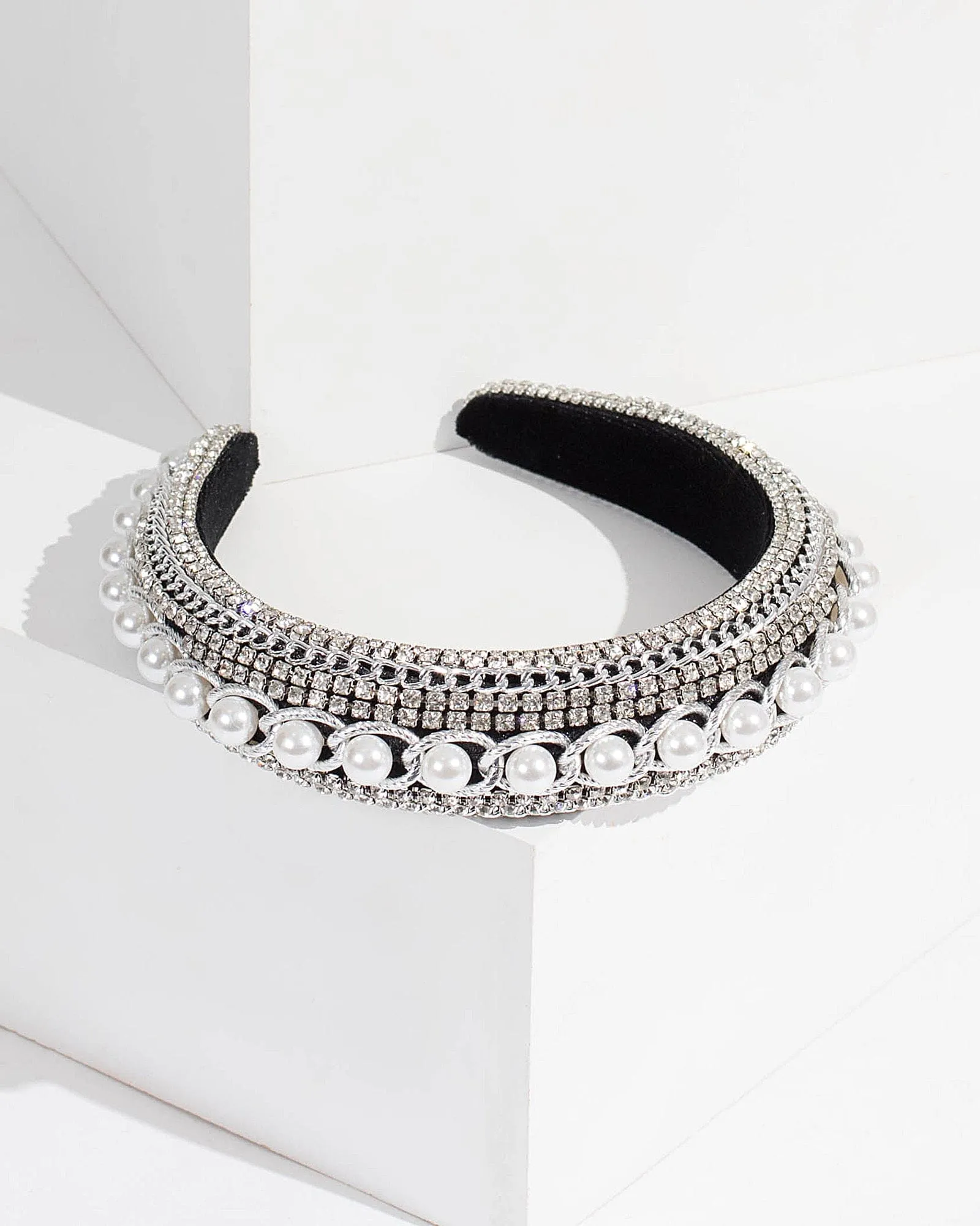 Black Linked Pearl And Crystal Headband