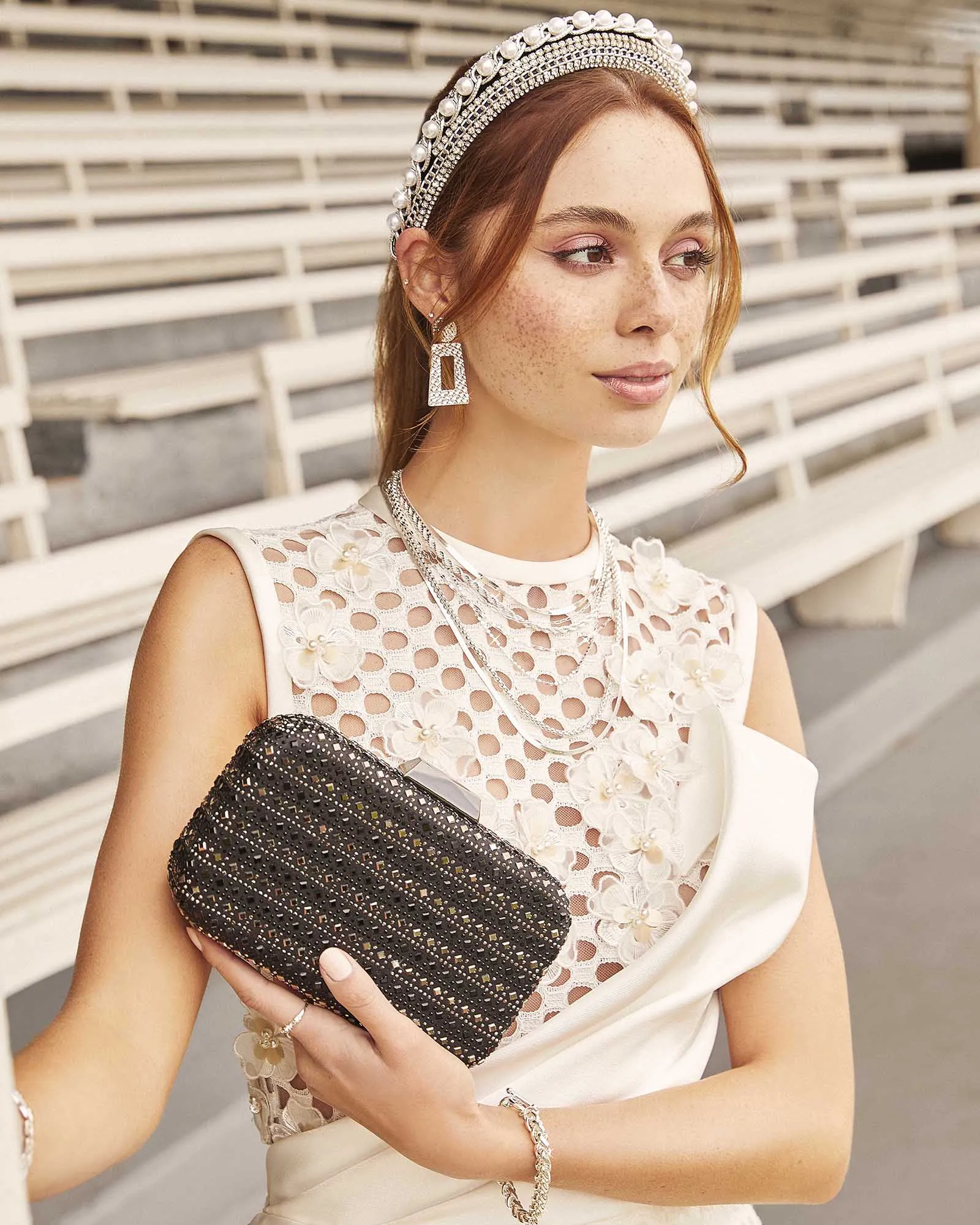 Black Linked Pearl And Crystal Headband