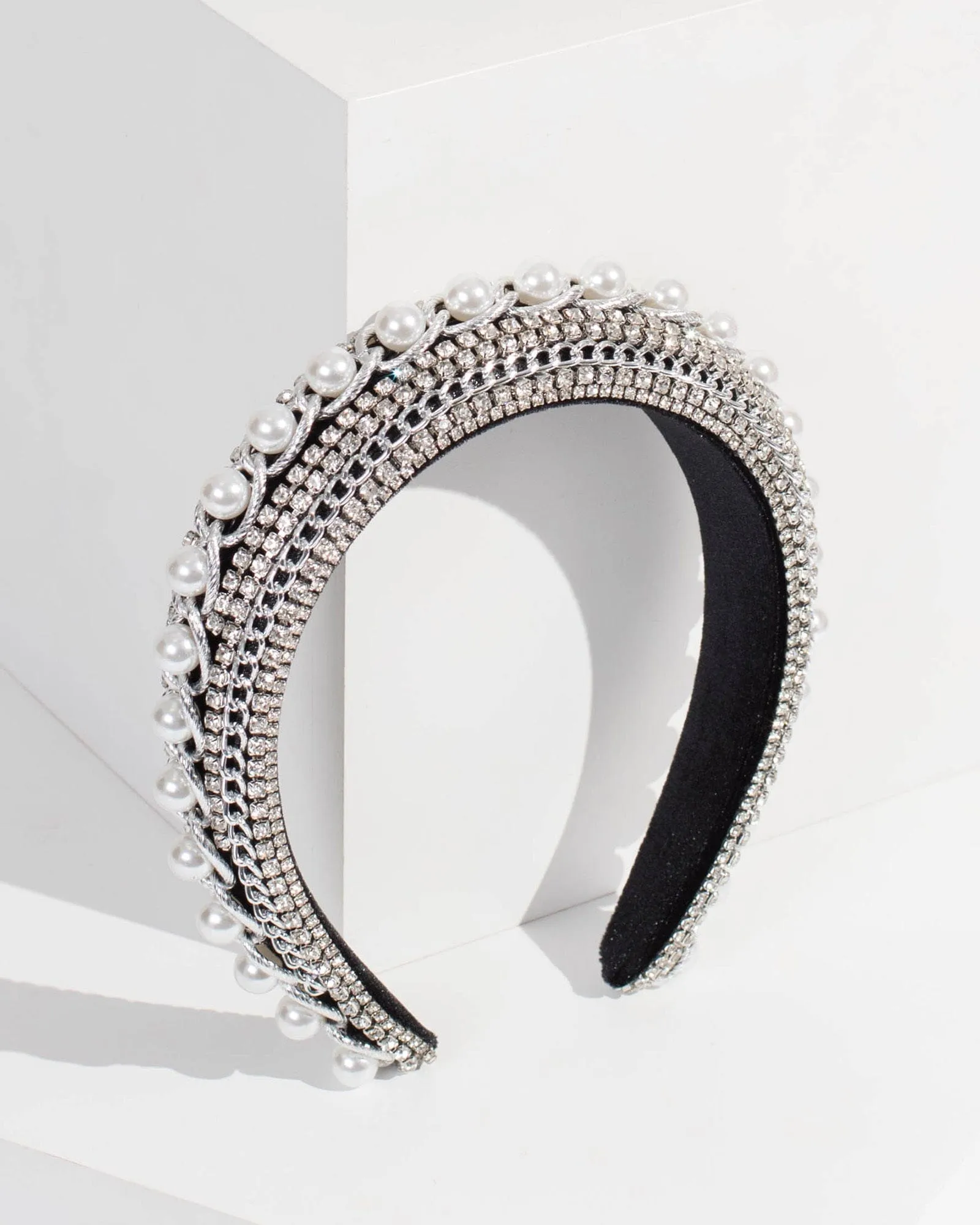 Black Linked Pearl And Crystal Headband