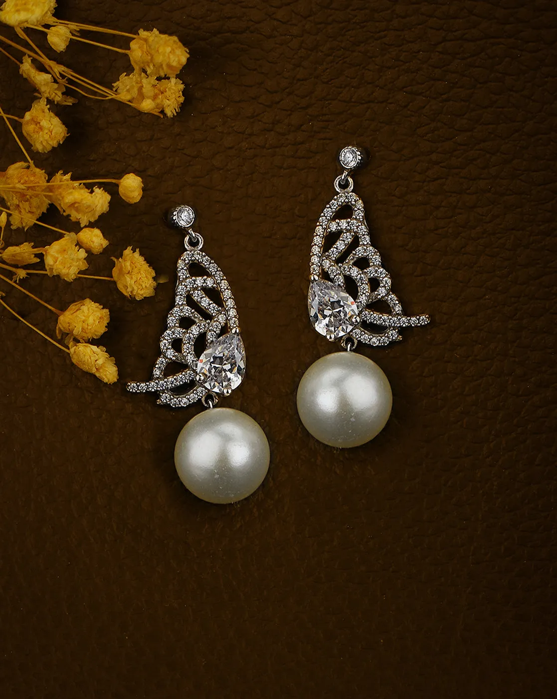 Carlton London Rhodium Plated Contemporary Drop Earring With Dangling Pearl