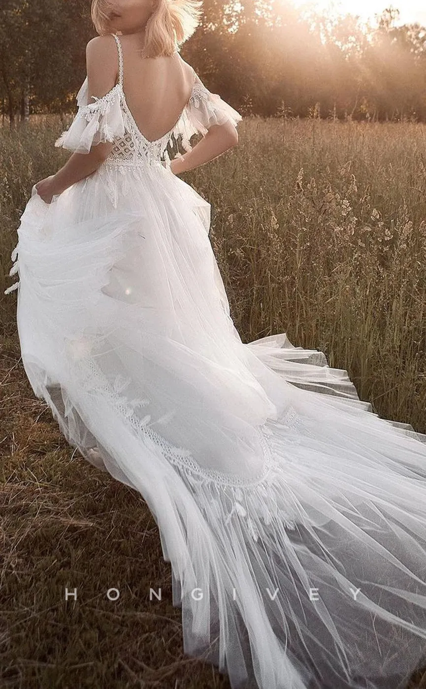 H1224 - Sexy Tulle A-Line Off-Shoulder Illusion Appliques Beaded Feathers With Train Boho Wedding Dress