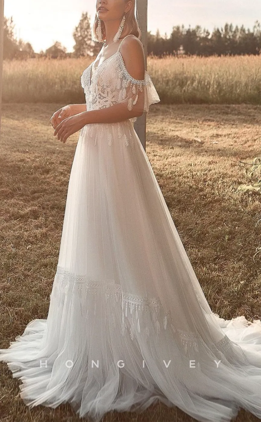 H1224 - Sexy Tulle A-Line Off-Shoulder Illusion Appliques Beaded Feathers With Train Boho Wedding Dress