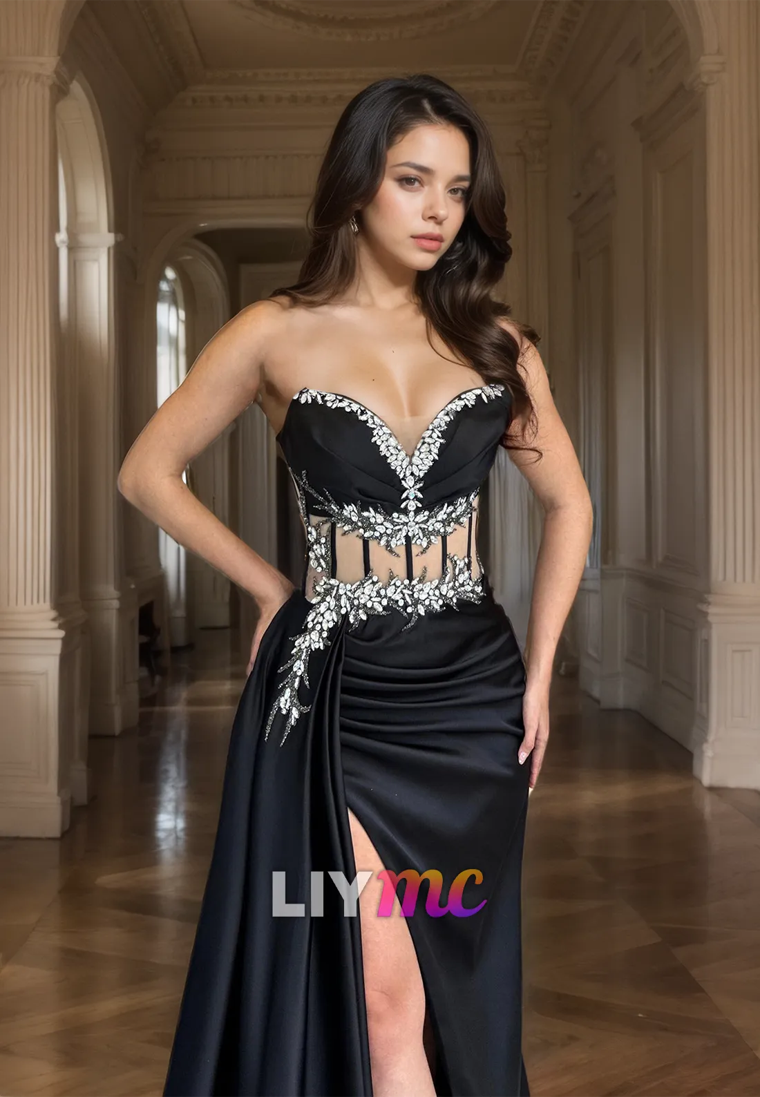 LP2040 - Sweetheart Sleeveless Beaded Pleated Sleek Satin High Slit Prom Dress